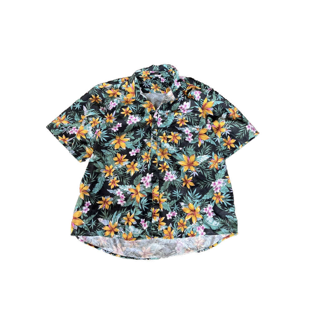 Hisdern 100% cotton Mens Shirt XL Black Cotton Floral Hawaiian